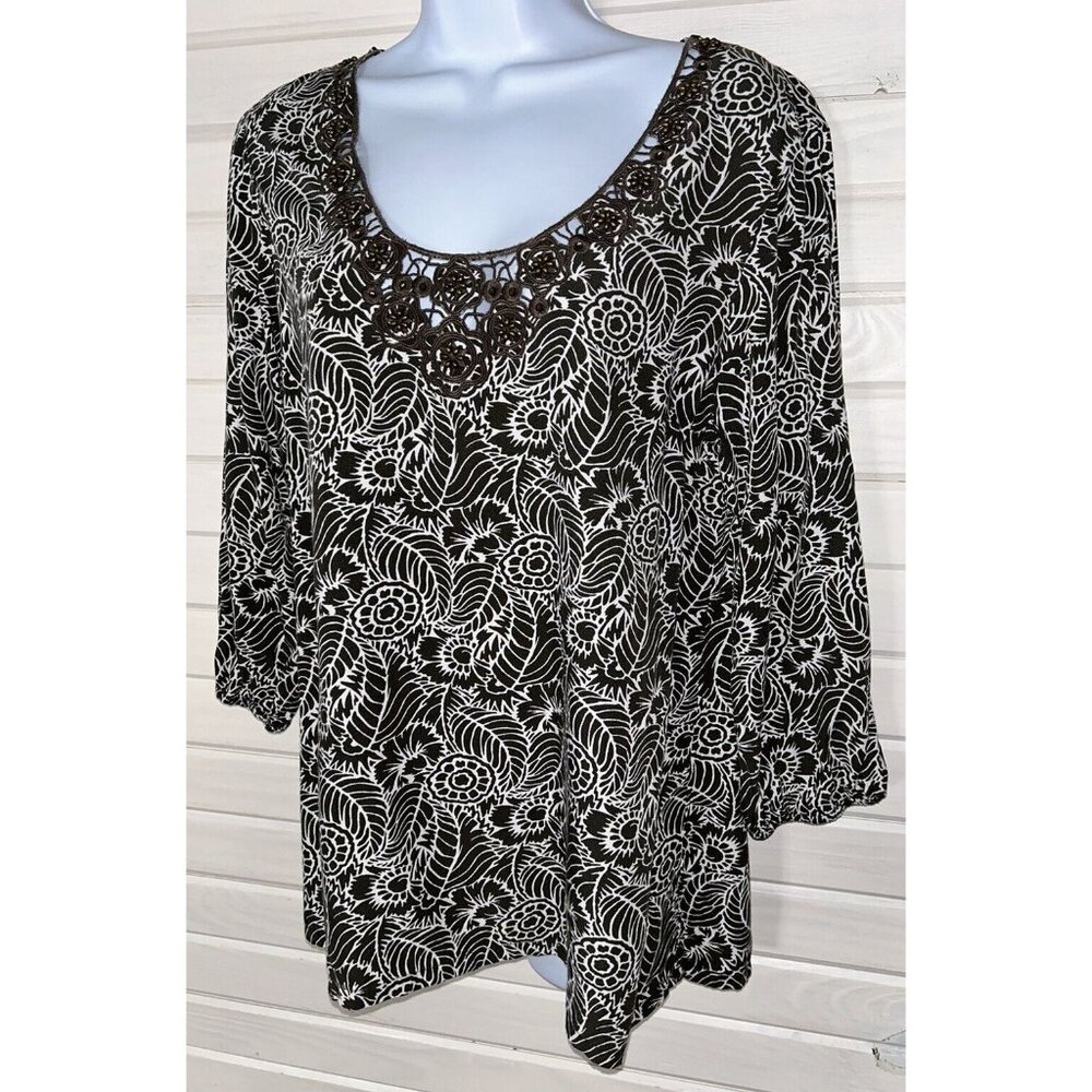 Tommy Bahama Relax Sz SMALL Brown Floral Tunic 3/4 Sleeve Lace Trim Beaded EUC
